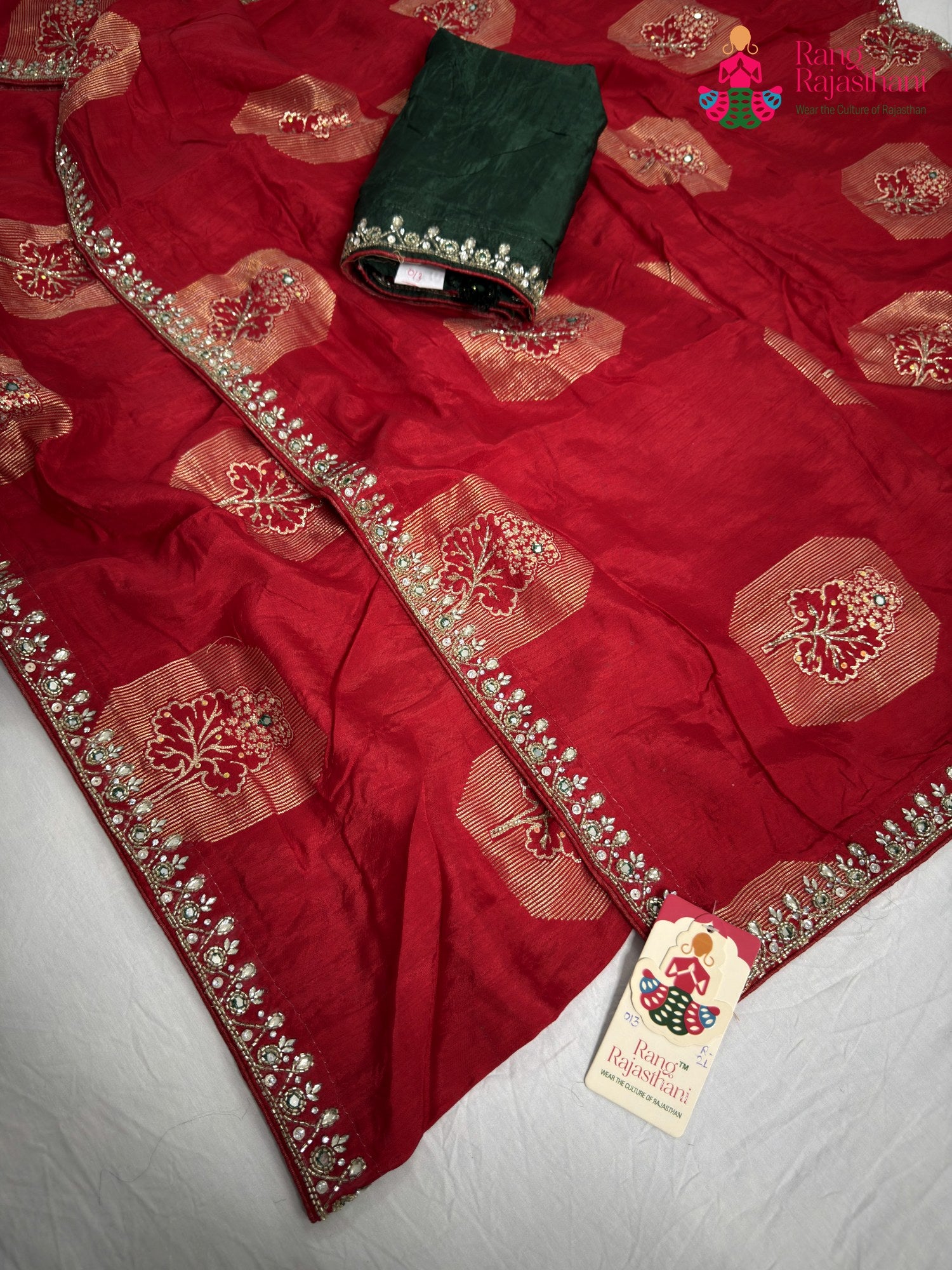 complete look of red pure russian silk hand embellishment saree