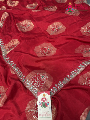 Red Pure Russian Silk Hand Embellishment Saree for Mayra Ceremony | Lightweight Pick
