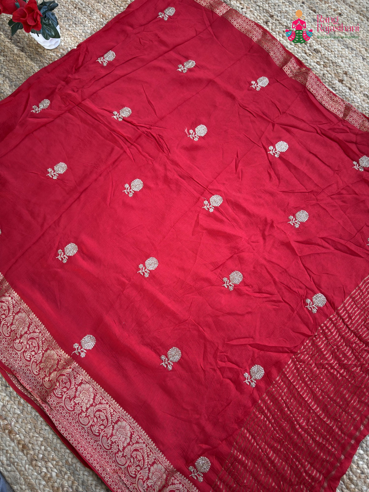 red pure russian silk zari embroidery saree ethnic wear by Rang Rajasthani
