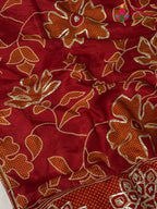 close up view of red pure russsian silk bandhani saree