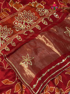design pattern of red pure russsian silk bandhani saree