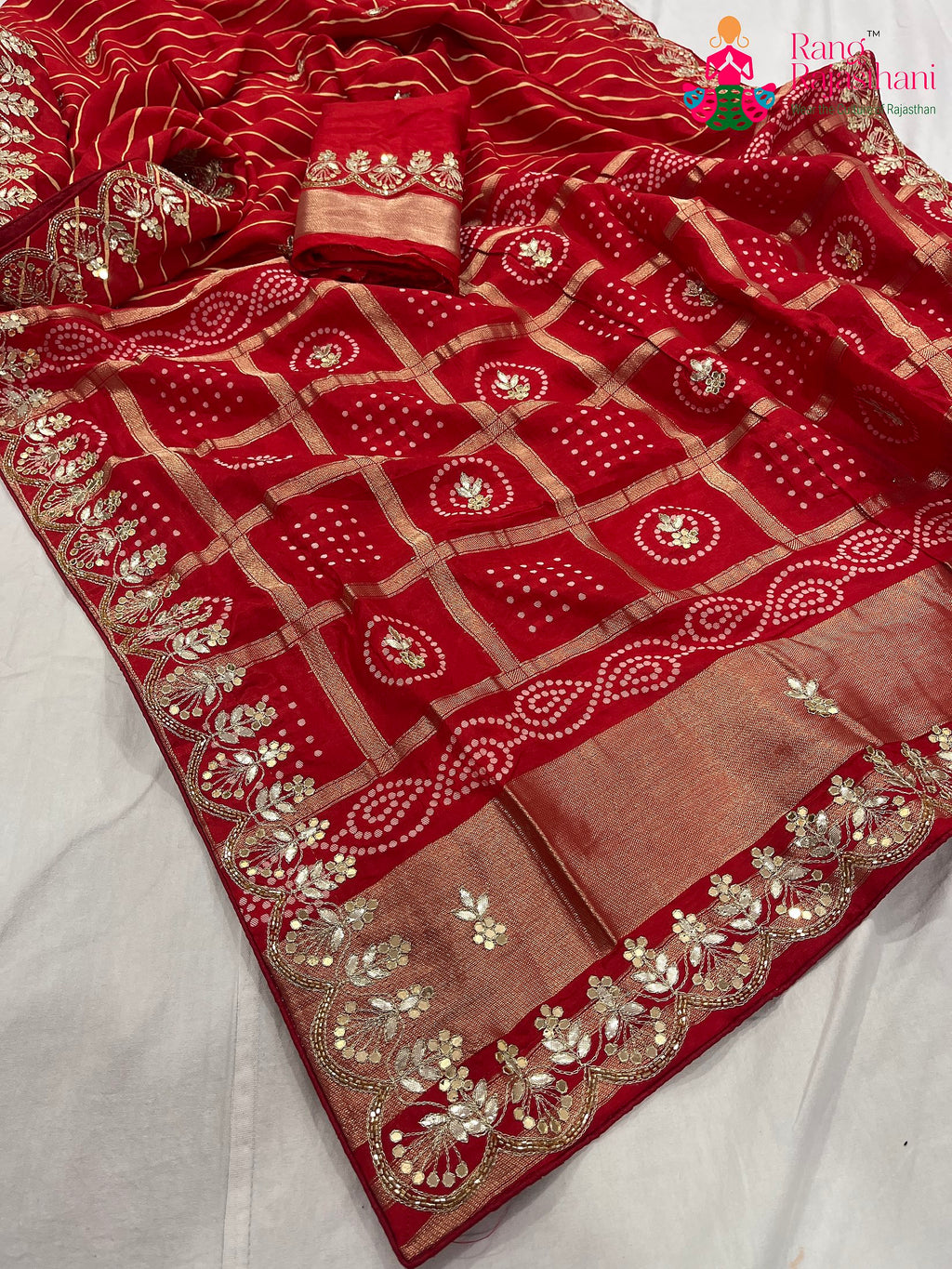 pallu detailing of red pure Russian silk gota patti saree 