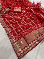 pallu detailing of red pure Russian silk gota patti saree 