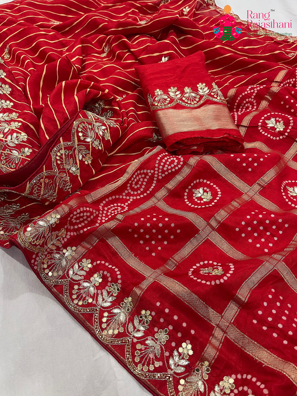 red pure Russian silk gota patti saree for mayra ceremony by Rang Rajasthani