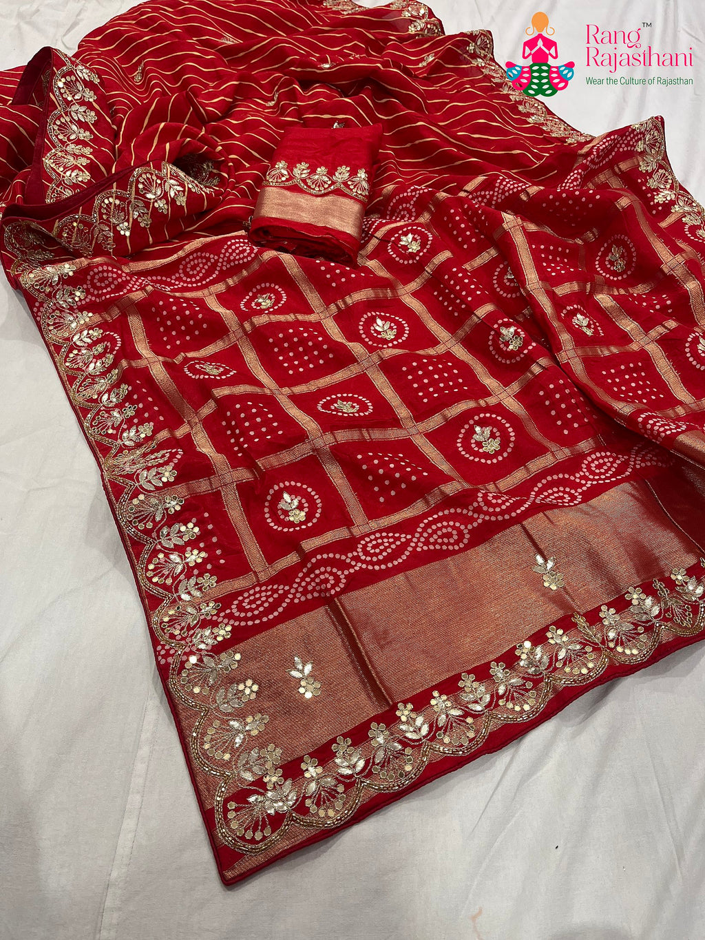 close up detailing of red pure Russian silk gota patti saree 