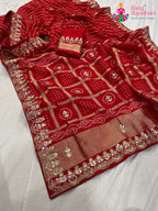 close up detailing of red pure Russian silk gota patti saree 