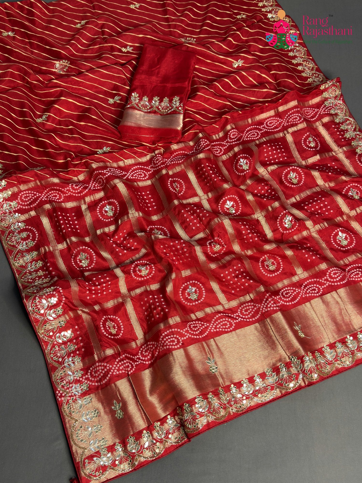 Red Pure Russian Silk Gota Patti Leheriya Saree for Mayra Ceremony | Statement Pick