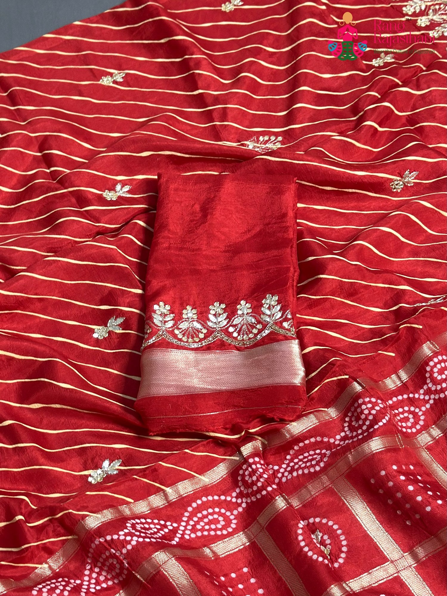 Red Pure Russian Silk Gota Patti Leheriya Saree for Mayra Ceremony | Statement Pick