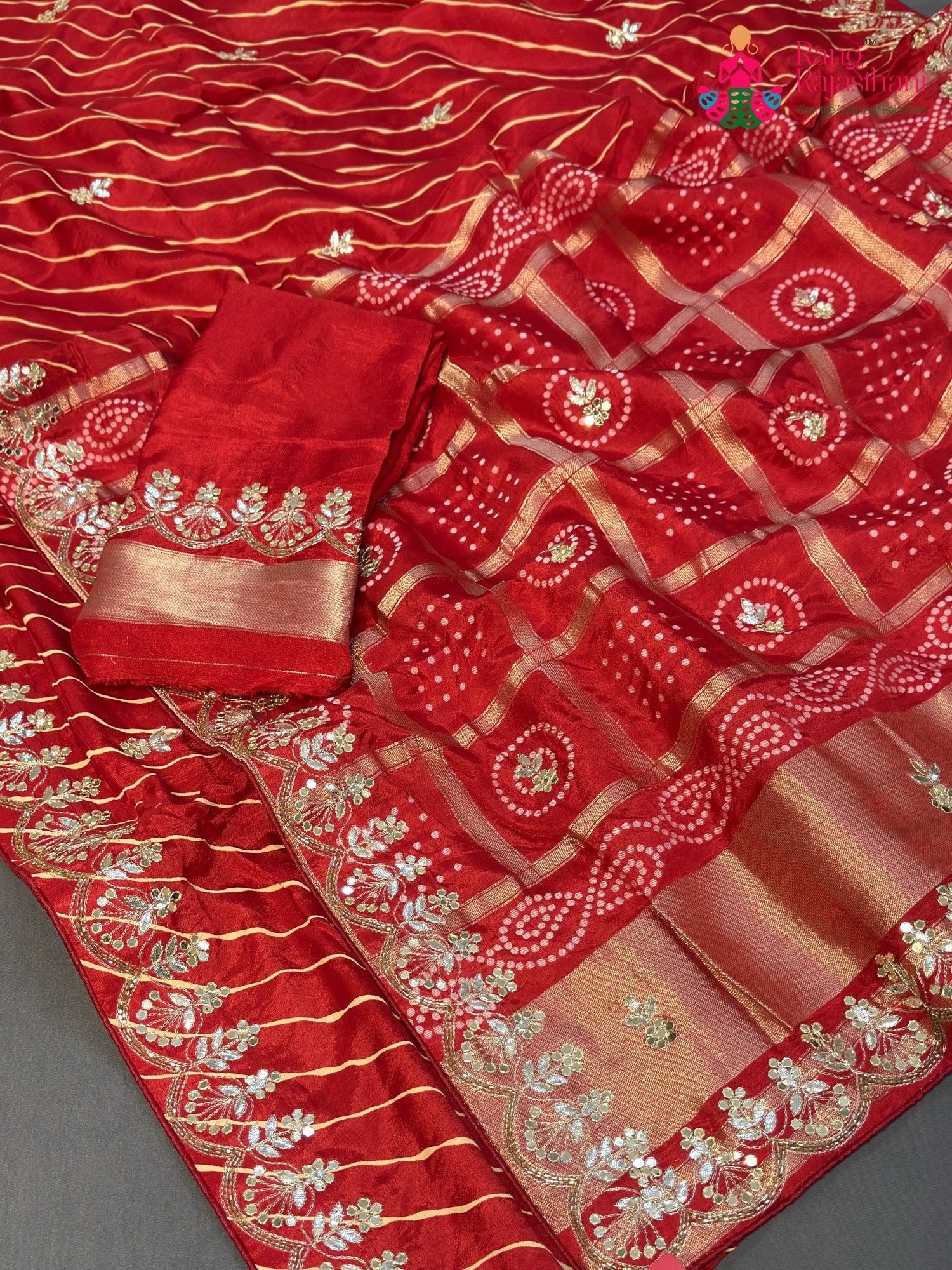 Red Pure Russian Silk Gota Patti Leheriya Saree for Mayra Ceremony | Statement Pick