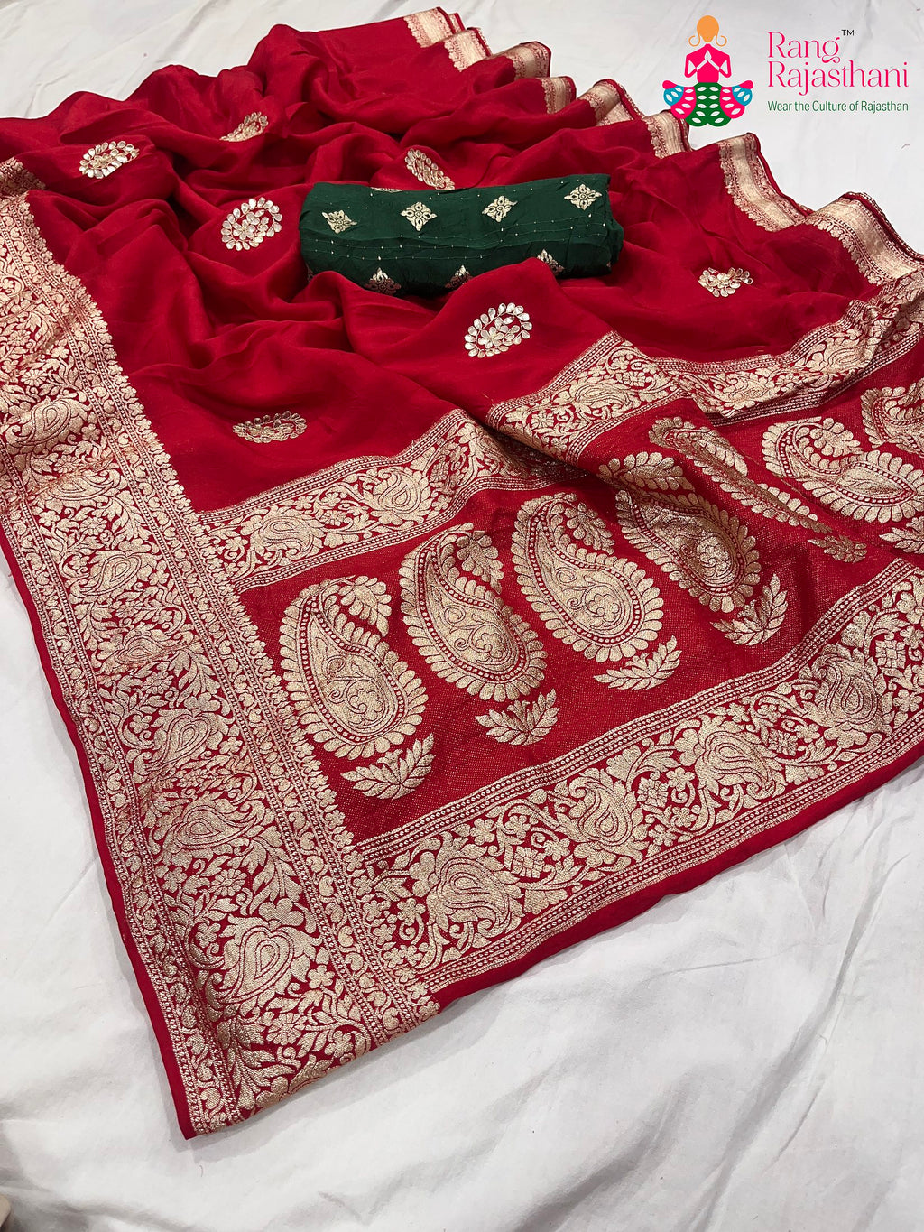 close up detailing of red pure Russian silk gota patti saree 