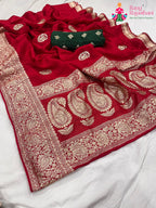 close up detailing of red pure Russian silk gota patti saree 