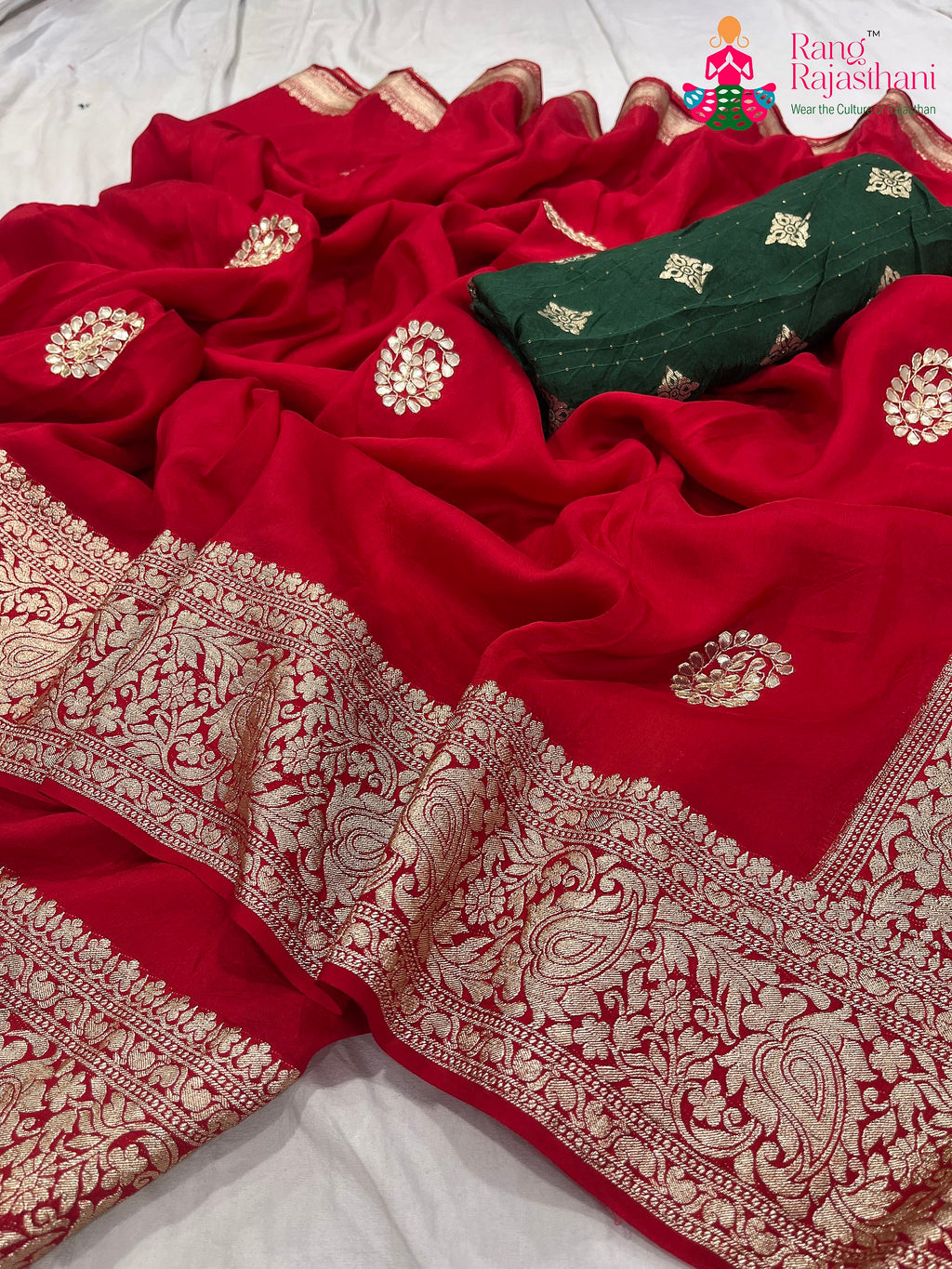 red pure Russian silk gota patti saree for karwa chauth by Rang Rajasthani