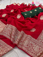 red pure Russian silk gota patti saree for karwa chauth by Rang Rajasthani