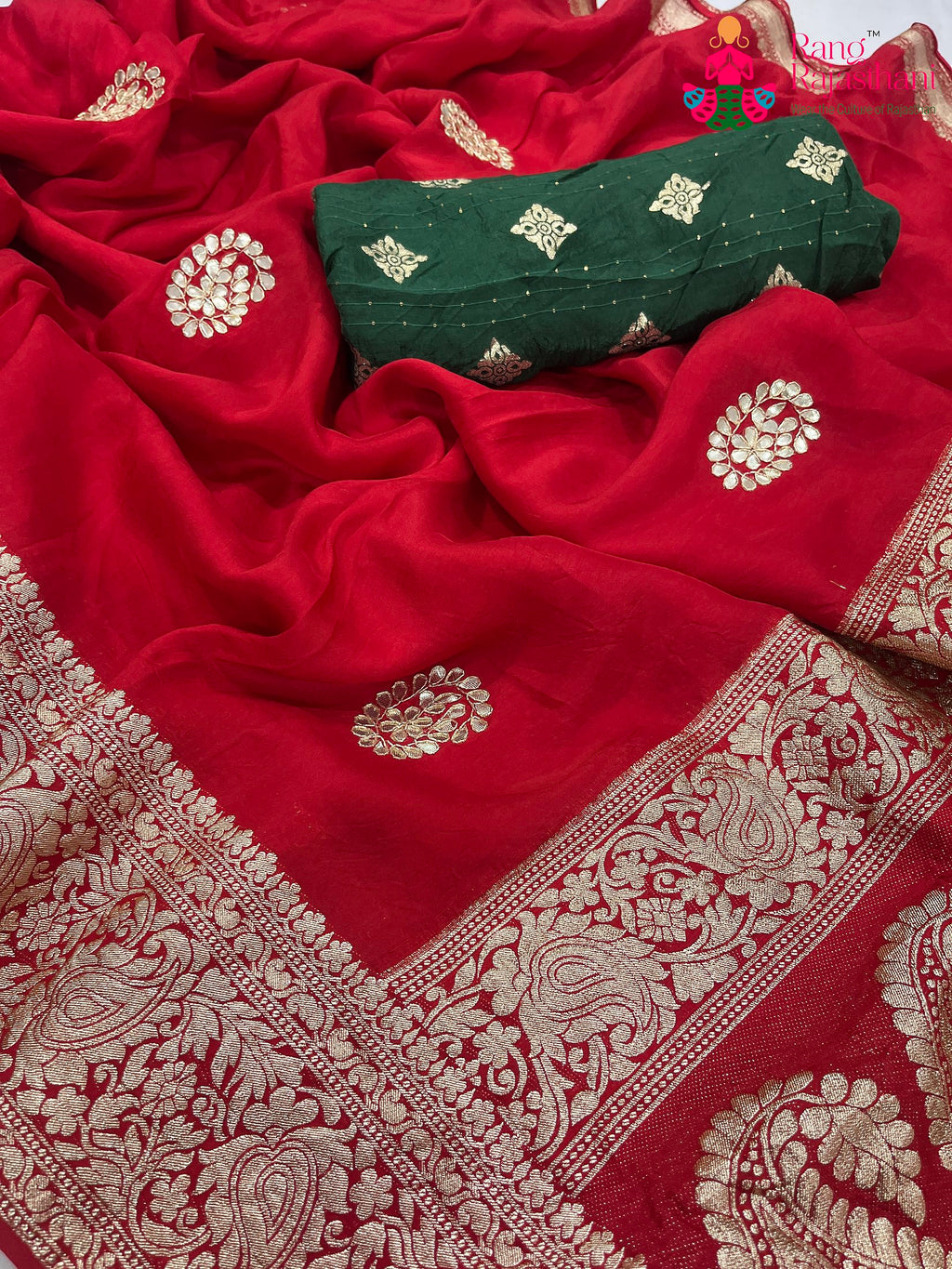 complete look of red pure Russian silk gota patti saree 