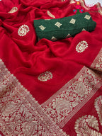 complete look of red pure Russian silk gota patti saree 