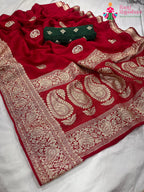pallu detailing of red pure Russian silk gota patti saree 
