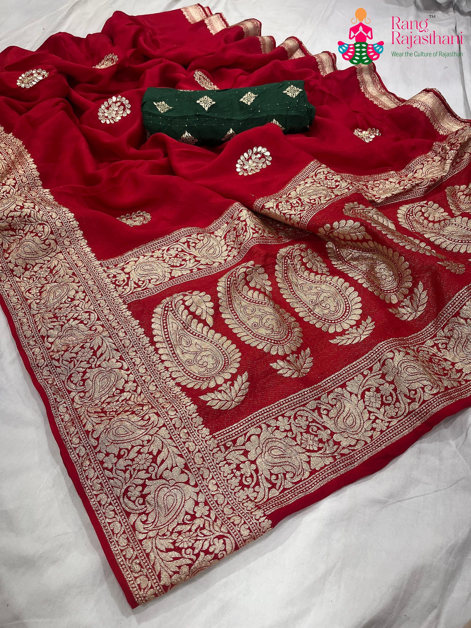 Red Pure Russian Silk Gota Patti Work Saree : Warm Balance