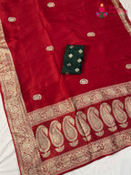 pallu detailing of red pure russsian silk gota patti saree