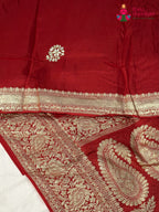 close up view of red pure russsian silk gota patti saree
