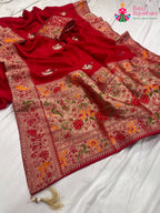close up detailing of red pure Russian silk hand saree 