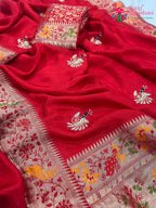 pallu detailing of red pure Russian silk hand saree 