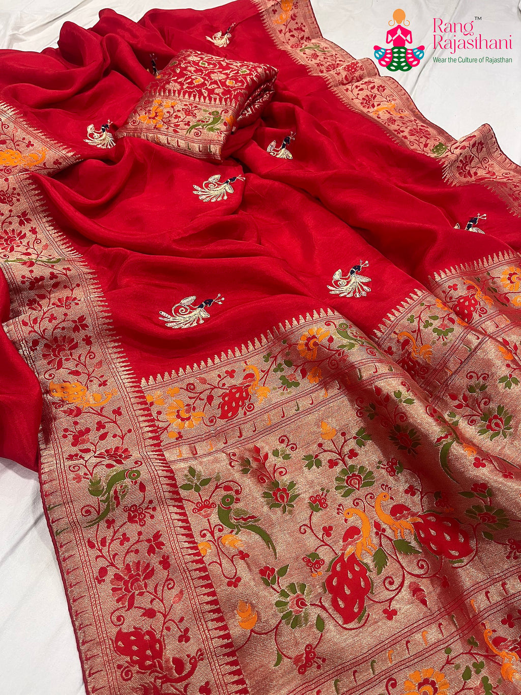 red pure Russian silk hand saree for karwa chauth by Rang Rajasthani