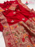 red pure Russian silk hand saree for karwa chauth by Rang Rajasthani