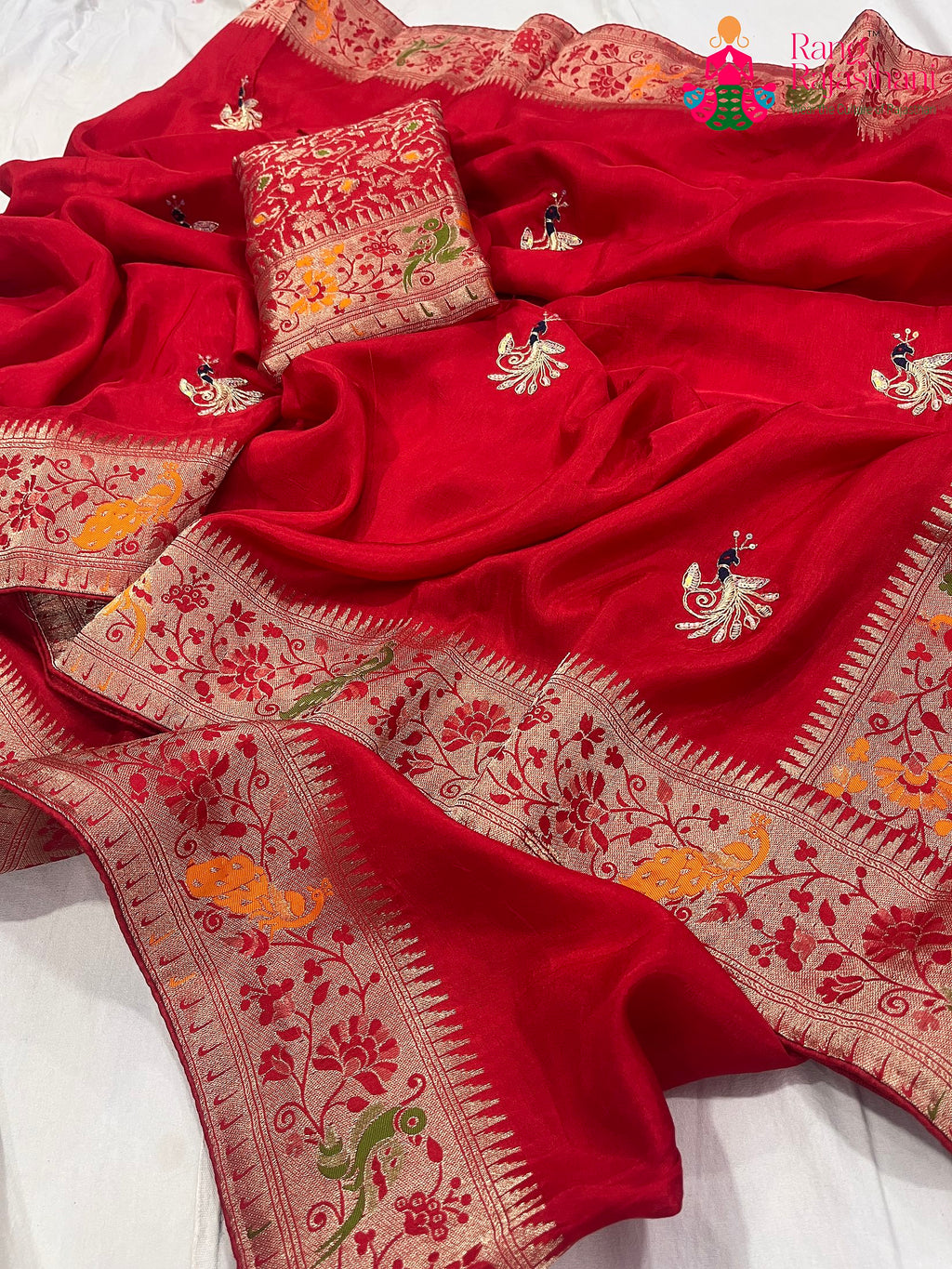 complete look of red pure Russian silk hand saree 