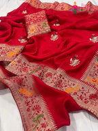 complete look of red pure Russian silk hand saree 