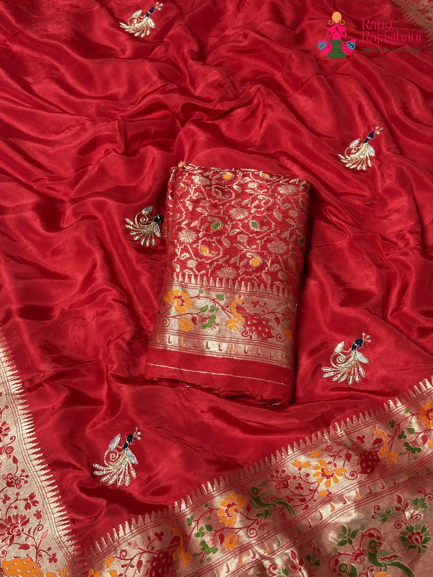 Red Pure Russian Silk Hand Embellishment Saree for Karwa Chauth | Ethnic Edit