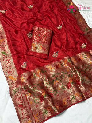 Red Pure Russian Silk Hand Embellishment Saree for Karwa Chauth | Ethnic Edit