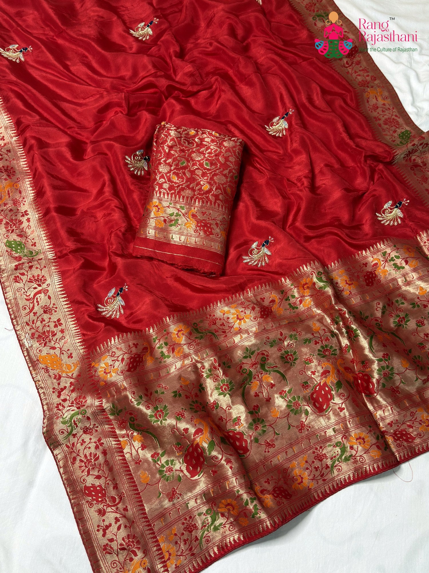 Red Pure Russian Silk Hand Embellishment Saree for Karwa Chauth | Ethnic Edit