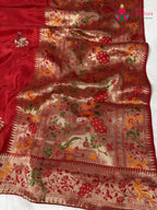 border detail of red pure russsian silk hand saree