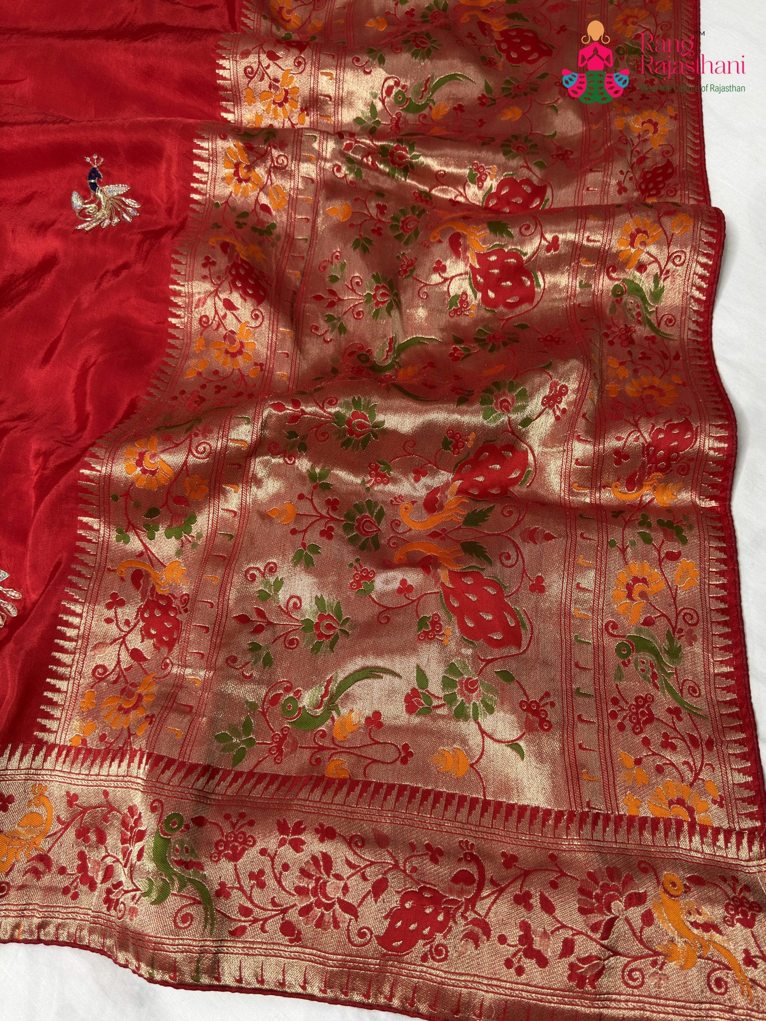 Red Pure Russian Silk Hand Embellishment Saree for Karwa Chauth | Ethnic Edit