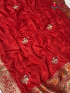 design pattern of red pure russsian silk hand saree