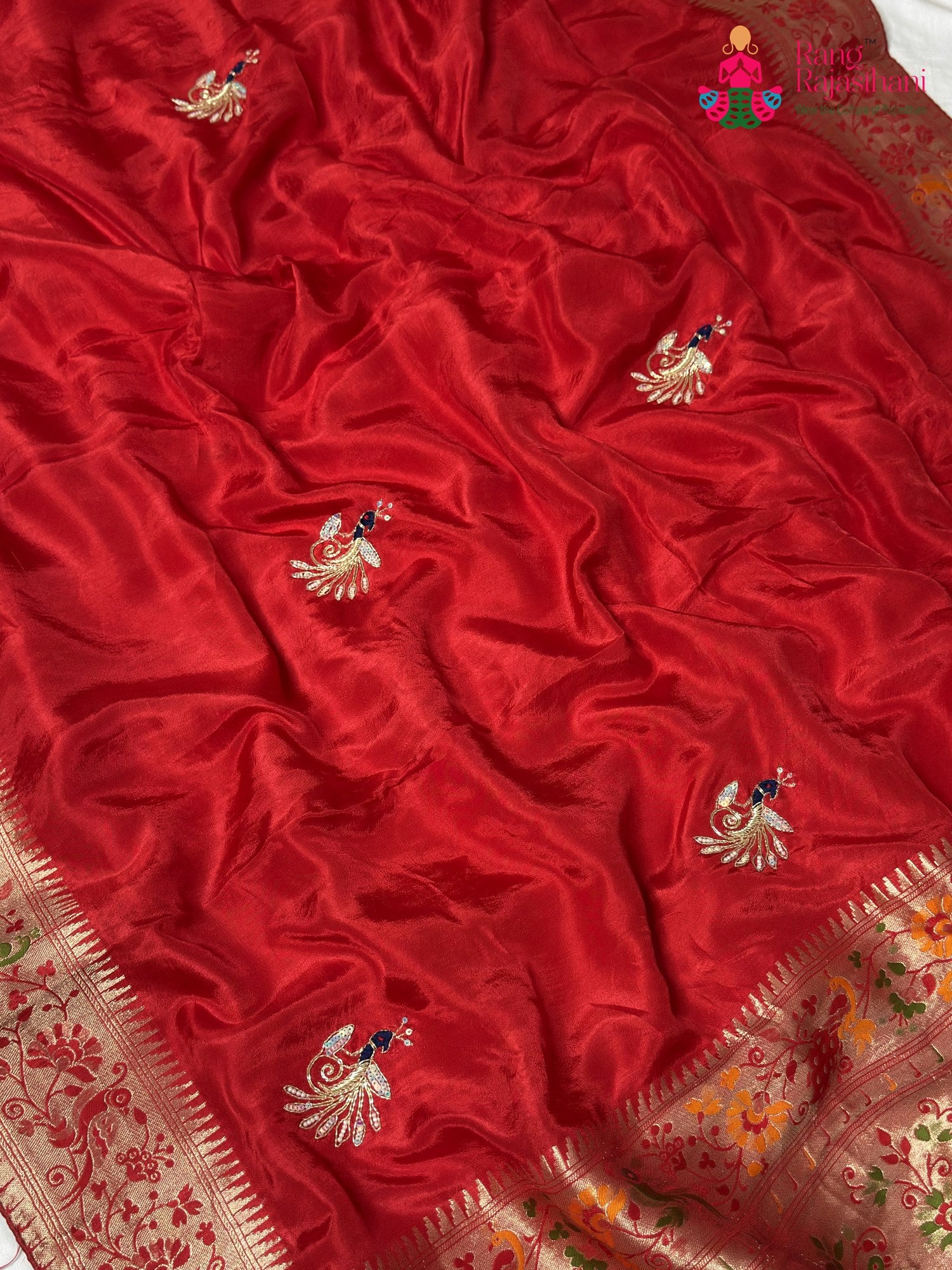Red Pure Russian Silk Hand Embellishment Saree for Karwa Chauth | Ethnic Edit
