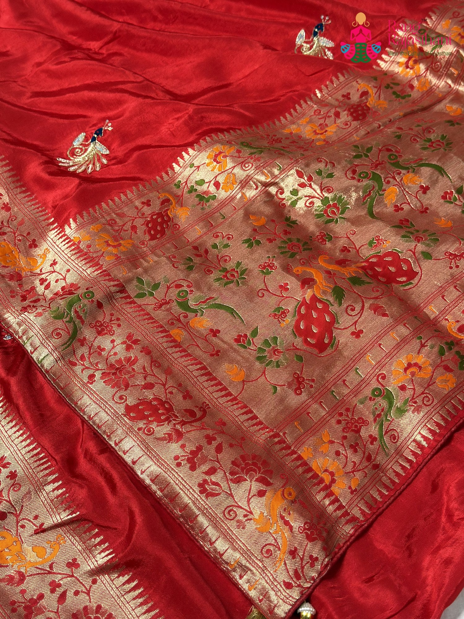Red Pure Russian Silk Hand Embellishment Saree for Karwa Chauth | Ethnic Edit