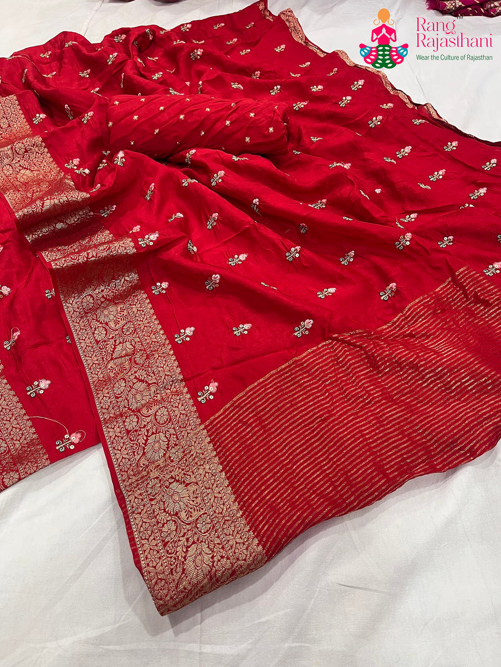 pallu detailing of red pure Russian silk resham embroidery saree 