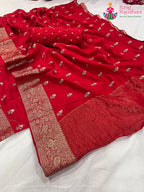 pallu detailing of red pure Russian silk resham embroidery saree 