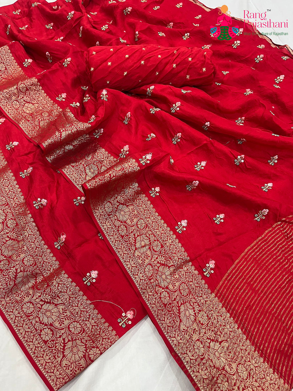red pure Russian silk resham embroidery saree for karwa chauth by Rang Rajasthani