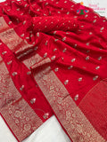 Red Pure Russian Silk Resham Embroidery Saree for Karwa Chauth | Authentic Craft