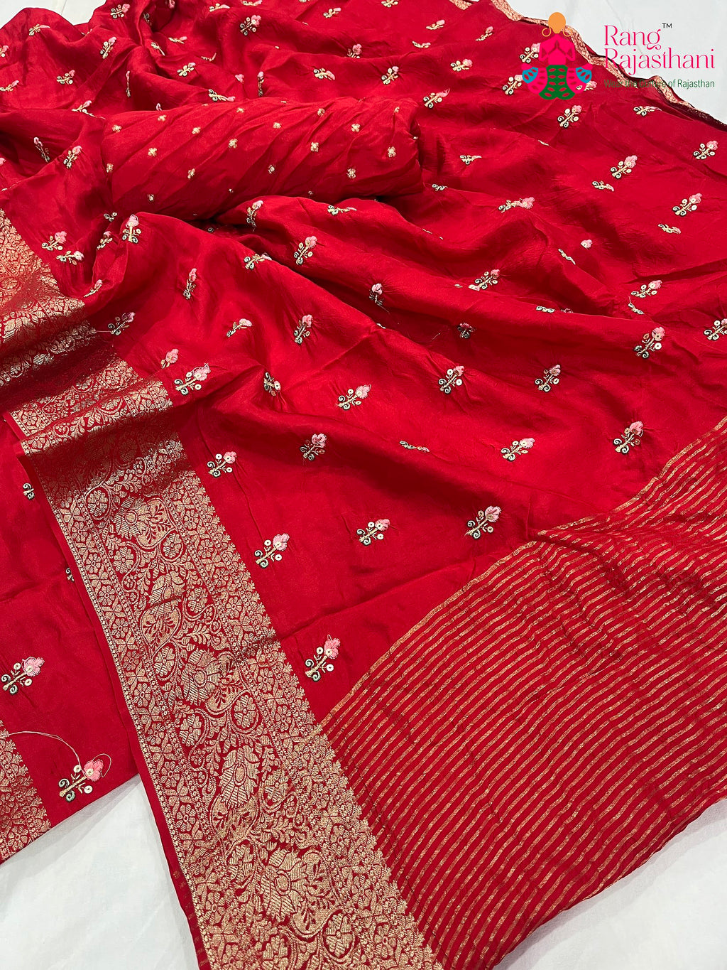 complete look of red pure Russian silk resham embroidery saree 