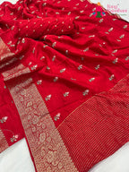 complete look of red pure Russian silk resham embroidery saree 