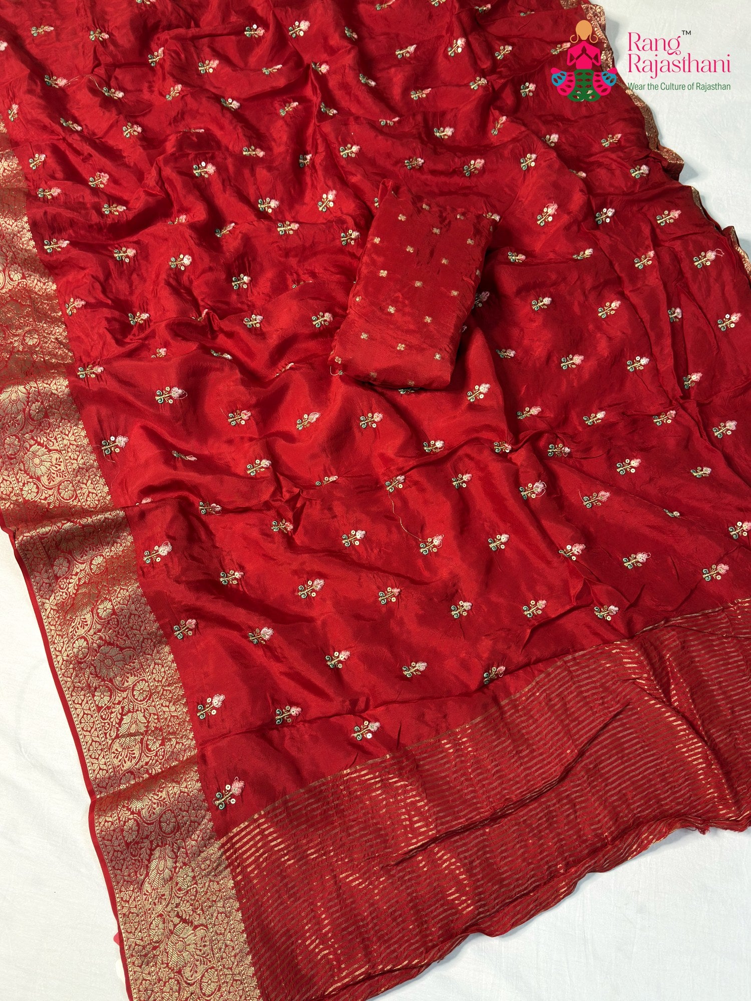 Red Pure Russian Silk Resham Embroidery Saree for Karwa Chauth | Soft Drape