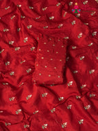 pallu detailing of red pure russsian silk resham embroidery saree