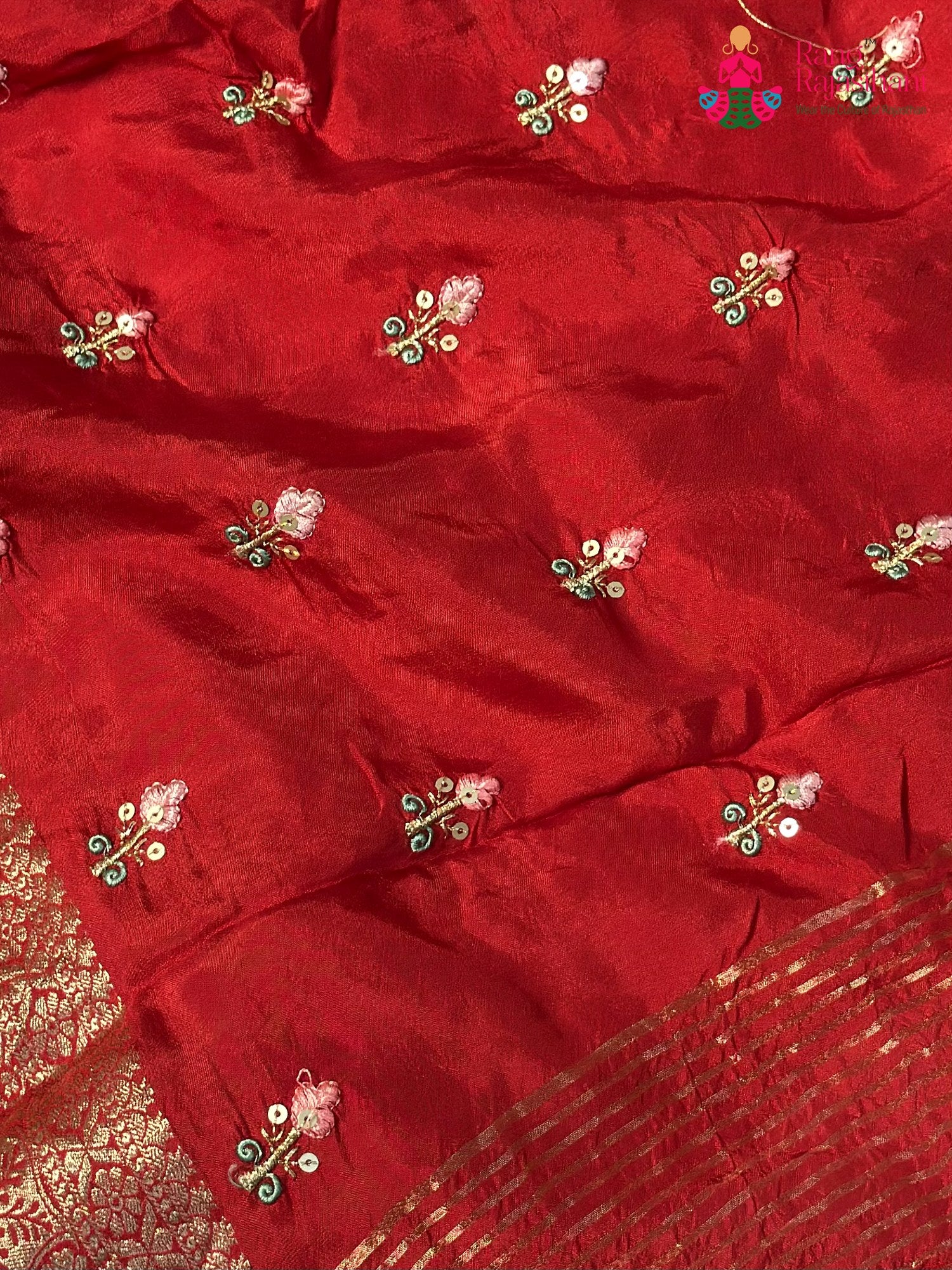 Red Pure Russian Silk Resham Embroidery Saree for Karwa Chauth | Soft Drape