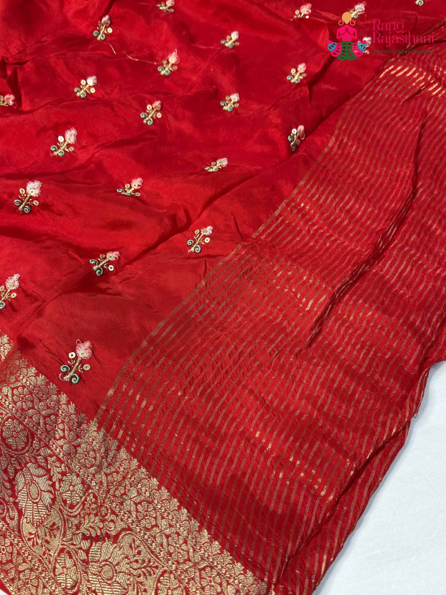 Red Pure Russian Silk Resham Embroidery Saree for Karwa Chauth | Soft Drape