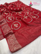 close up detailing of red pure Russian silk sequin saree 