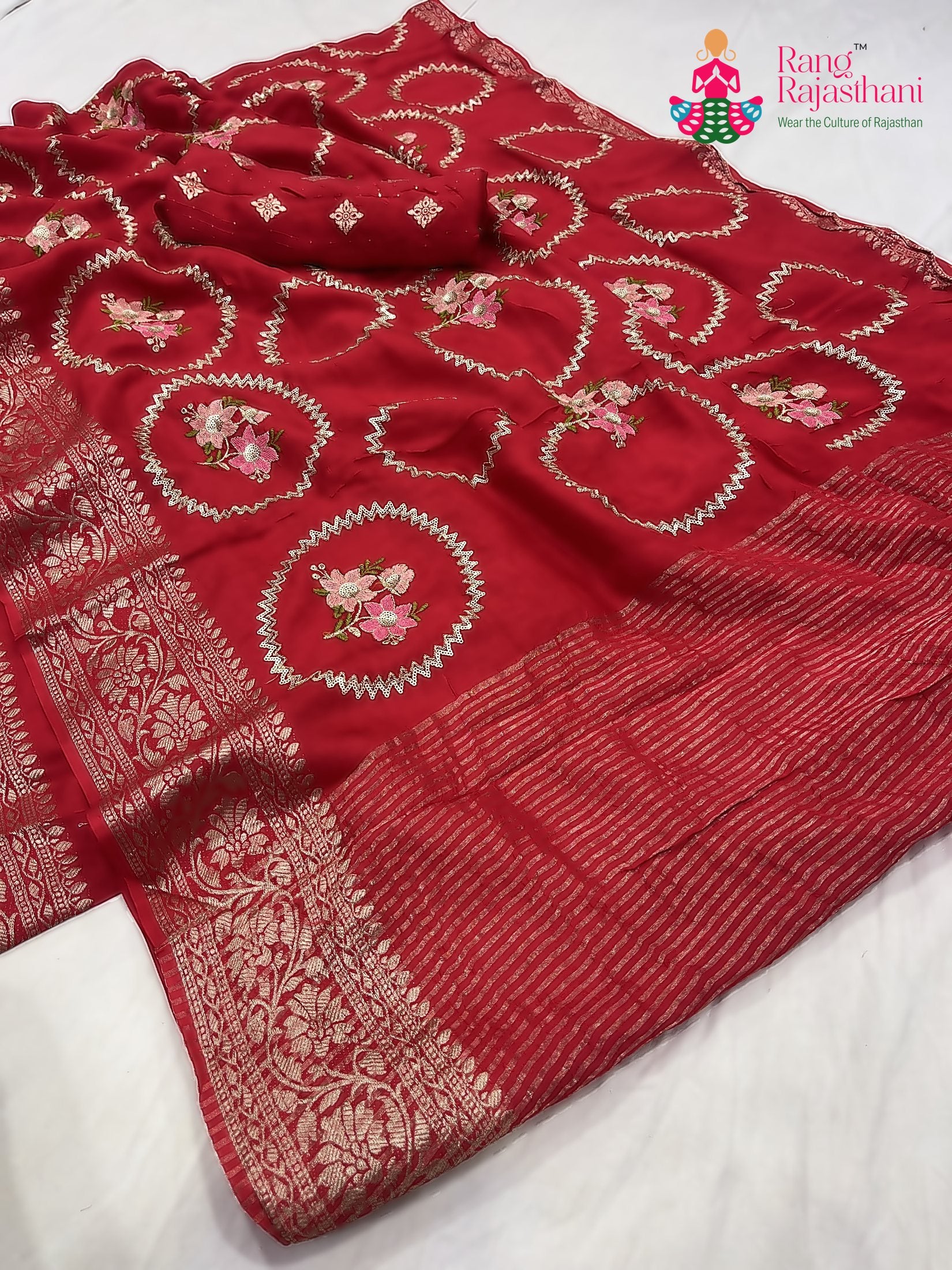 close up detailing of red pure Russian silk sequin saree 