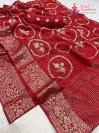 pallu detailing of red pure Russian silk sequin saree 